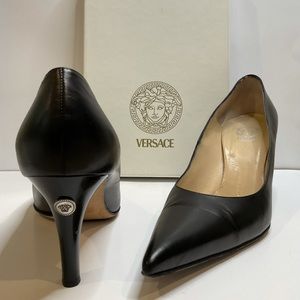Black Leather Versace Heels, Size 9.5